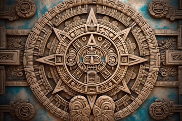 Fototapeta na wymiar Ancient Aztec Mayan Calendar: Intricate Round Pattern on Stone Surface. AI