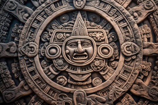 Ancient Aztec Mayan Calendar: Intricate Round Pattern on Stone Surface. AI
