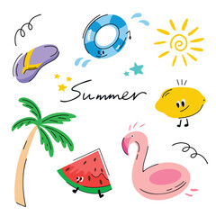Cartoon summer elements, travel, beach, summertime accessory. Vector summertime set with summer items: watermelon,flamingos,slipper, palm, lemon. Doodle cartoon illustration. Vector illustration