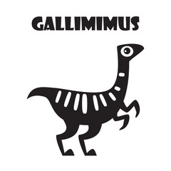 Gallimimus . Cute dinosaurs cartoon characters . Silhouette black isolated color . Flat design . Vector illustration .