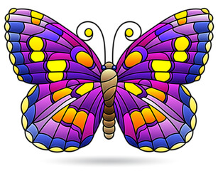 Illustration in the style of a stained glass window with a bright butterfly, an animal isolated on a white background