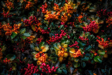 Fototapeta na wymiar Bright red berries on a bush. Generative AI.