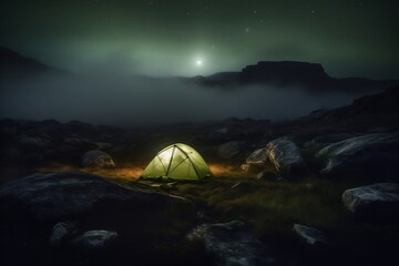 Tent Glow in Misty Rocky Fields. AI
