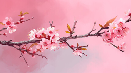 A digital watercolor illustration paper branch with pink background. Generative AI
