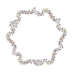 Round wreath with branches with leaves and small white flowers. Hand drawn watercolor illustration. Place for text is in the middle. Frame for print design, announcements, greeting cards, posters