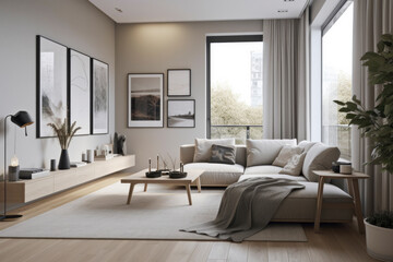 interior: Serene and harmonious space adorned with natural tones, sleek furniture, and tranquil ambiance, photo frame, sofa in warm tone, Asian style