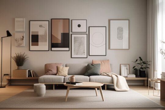 interior: Serene and harmonious space adorned with natural tones, sleek furniture, and tranquil ambiance, photo frame, sofa in warm tone, Asian style