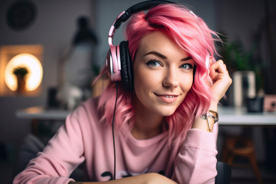 Influencer with earphones engaging vloggers with pink capturing life's moments through a computer laptop, people with social media and smart working concept 