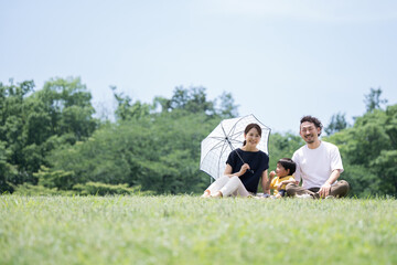 日傘をさす母と公園の芝生でくつろぐ家族　レジャーシートでくつろぐ コピースペースあり　広角 カメラ目線