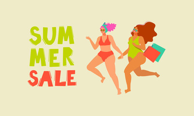 Fototapeta na wymiar Summer, two girls in swimsuits, body-positive run to the sale. Summer Sale. 