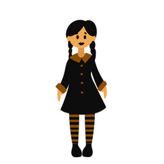 Girl in Halloween costume. Wednesday Costume. The character is isolated on a white background. Vector illustration. Flat style