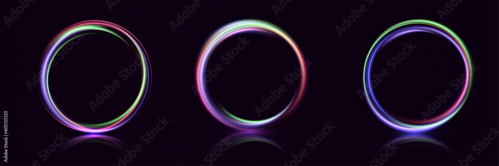 Poster Neon swirl. Curve blue line light effect. Abstract ring background with glowing swirling background. Energy flow tunnel. Blue portal, platform. Magic circle vector.