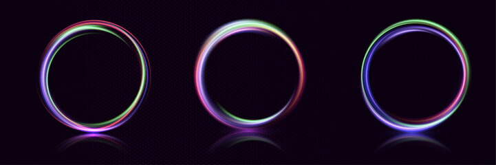 Neon swirl. Curve blue line light effect. Abstract ring background with glowing swirling background. Energy flow tunnel. Blue portal, platform. Magic circle vector.