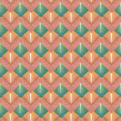 Watercolor seamless hand drawn geometric pattern with colorful rhombuses alike kaleidoscope pictures