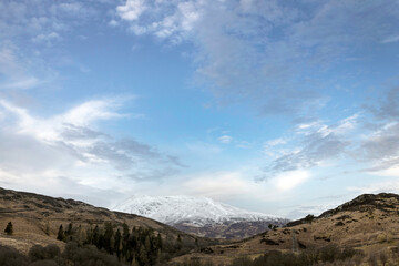 Fototapeta na wymiar Loch Ranghoch Pitlochry Scotland. snowcapped mountains. Near Tummel bridge.