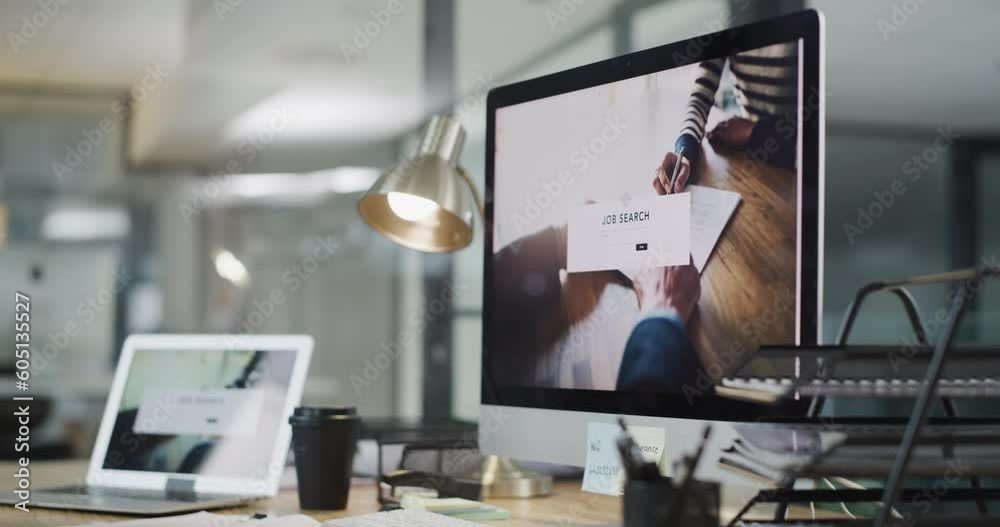 Poster computer screen, job search and website background for recruitment, human resources and hiring servi