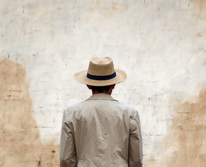 a man with a beige bucket hat is standing against a wall. generative ai