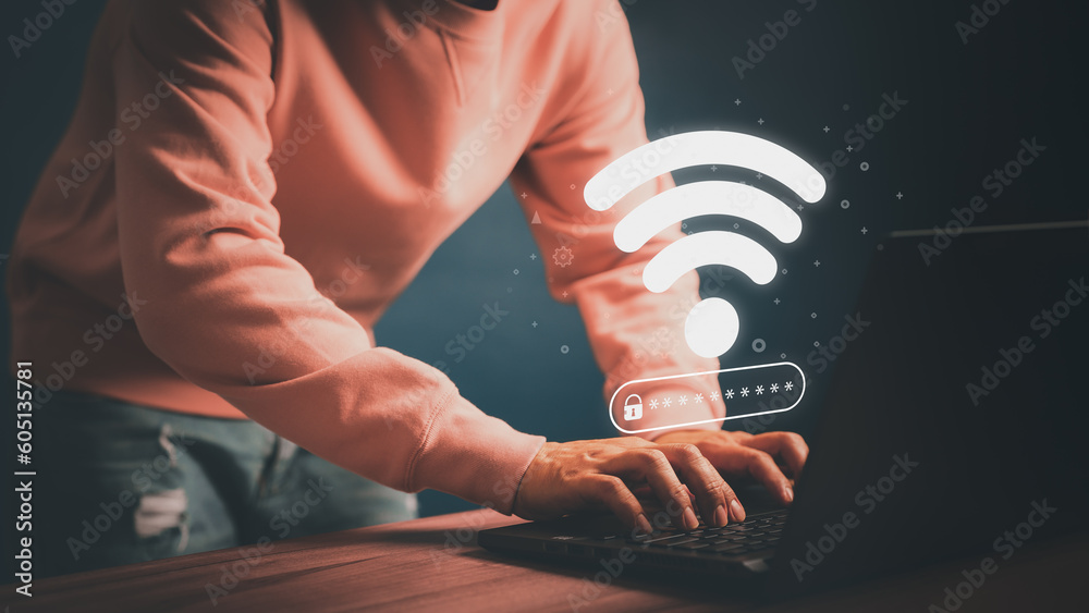 Poster User using a computer laptop to connect to wifi but wifi not connected or password is incorrect and waiting to loading digital data form website, concept technology of waiting for connect to wifi.