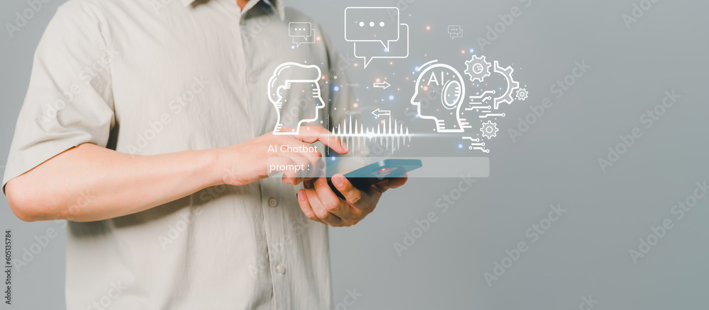 Poster Young man using a mobile phone chatting with a smart AI or artificial intelligence using an artificial intelligence chatbot developed. Futuristic technology transformation. Chat bot ai communication.