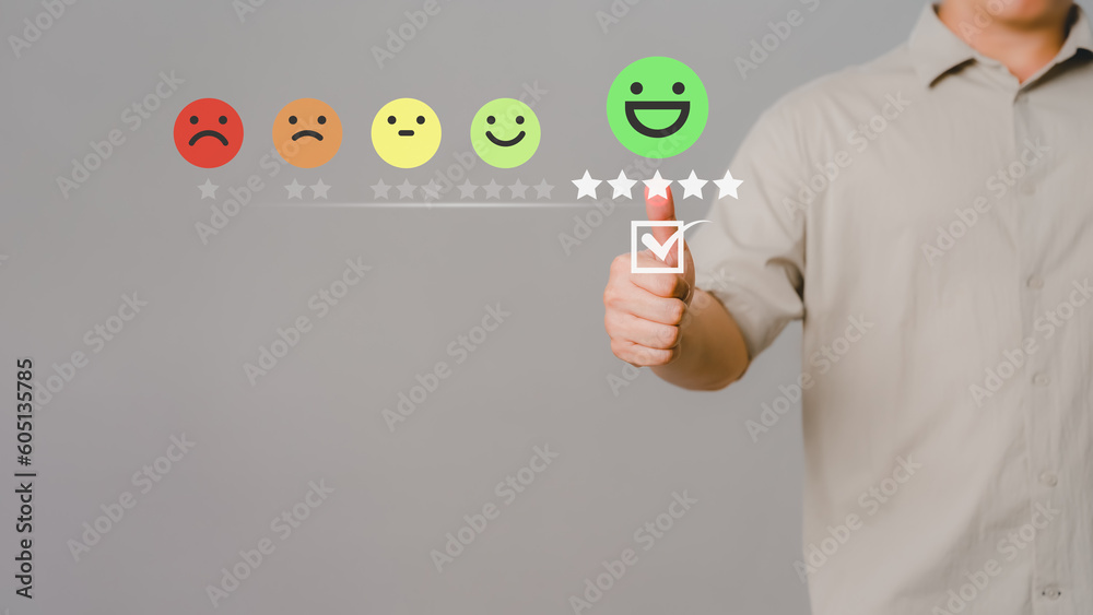 Poster shopper touching virtual screen on the happy smile face icon and five stars to give satisfaction in 