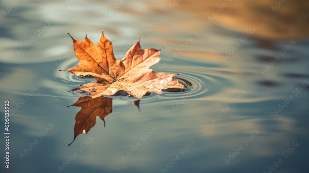 Wall mural fallen maple leaf in autumn colors floating on water surface. generative ai.