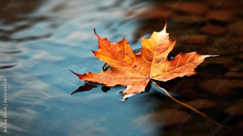 Wall mural fallen maple leaf in autumn colors floating on water surface. generative ai.