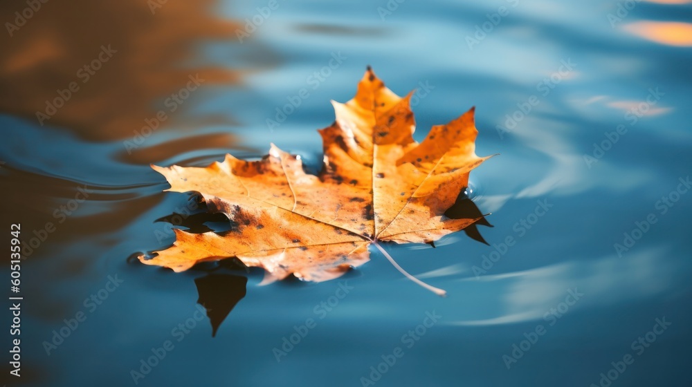 Wall mural fallen maple leaf in autumn colors floating on water surface. generative ai.