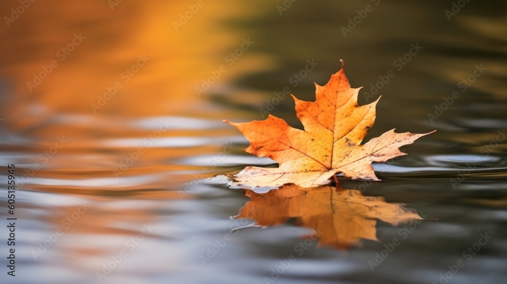 Poster fallen maple leaf in autumn colors floating on water surface. generative ai.