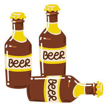 Illustration on beer glass bottles with a lid for a brewery. Cartoon colored glass beer bottles stand in a group, one lies on a white background. Glass bottles are the main accessory for beer gourmets