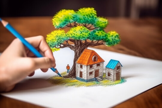 children drawing a house and tree on paper while coloring with pencil, generative ai.