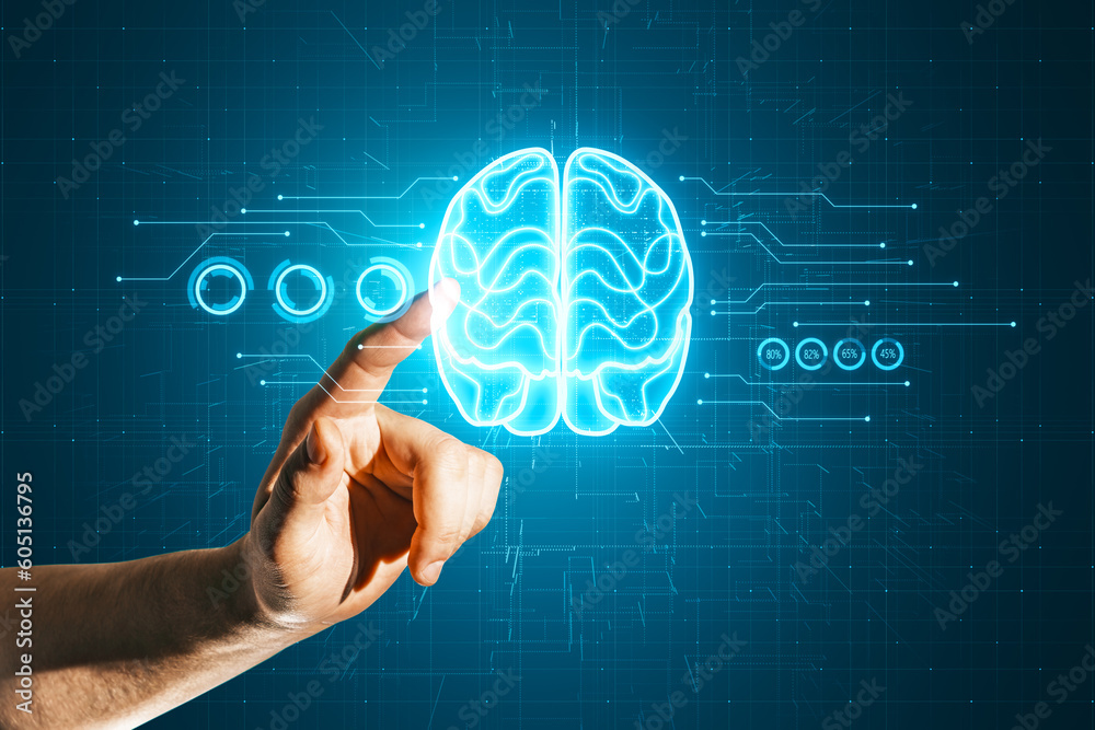 Poster artificial intelligence and thinking concept with man finger on virtual touch screen with digital gl
