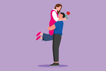 Character flat drawing happy man making proposal marriage to woman with rose flower. Young guy surprises his girl and giving flowers. Engagement and love relation. Cartoon design vector illustration