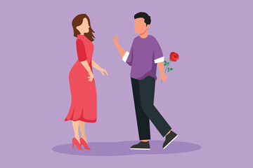 Cartoon flat style drawing man holding flowers behind his back and standing in front of woman. Happy boy giving rose flower to girl. Male and female met for dating. Graphic design vector illustration