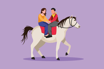 Cartoon flat style drawing romantic couple in love riding horse and looking face to face. Happy cute couple getting ready for wedding. Engagement and love relation. Graphic design vector illustration