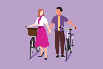 Graphic flat design drawing romantic couple cyclists walking down forest road with their bicycles on summer day. Man and woman in love. Happy romantic married couple. Cartoon style vector illustration © onetime