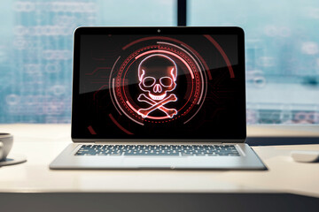Laptop screen with skull and bones digital symbol on office wooden desk, hacking attack and piracy concept. 3D Rendering