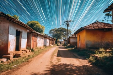 Wide angle long exposure of village with star trails at night using generative AI