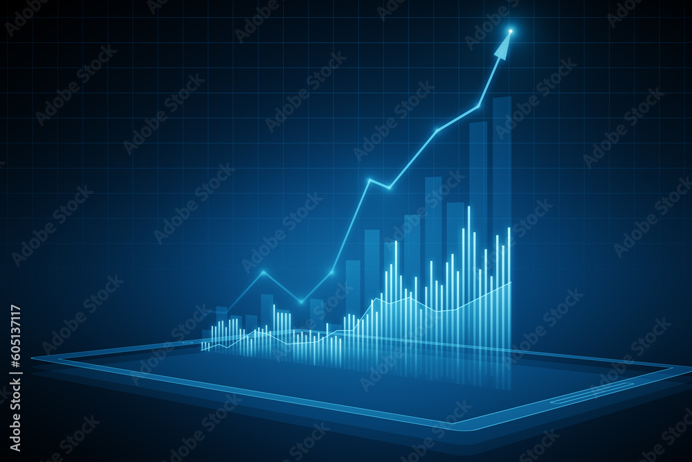 Poster perspective view of modern growing financial graph with rising up arrow on dark blue background. inv