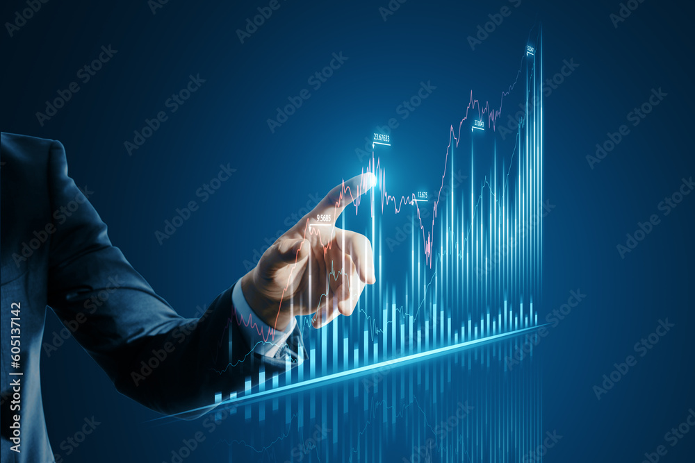 Poster online trading and investing concept with a businessman finger pressing a button on a virtual forex 