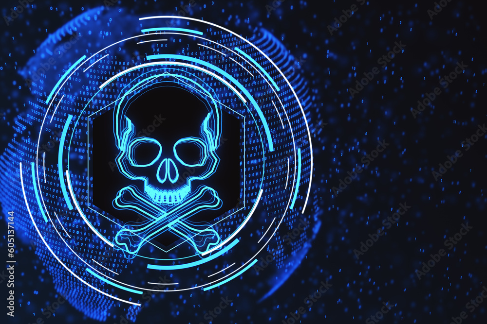 Aufkleber Blue glowing skull and bones digital illustration, dark screen texture background, hacking attack and piracy concept. 3D Rendering