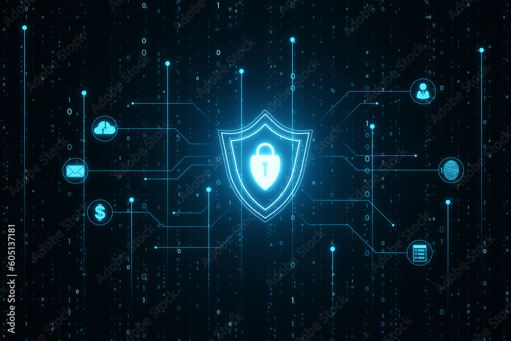 Poster Experience peace of mind with our advanced network security system. Digital blue shield with padlock symbol provides the ultimate in cyber security technologies. 3D rendering.