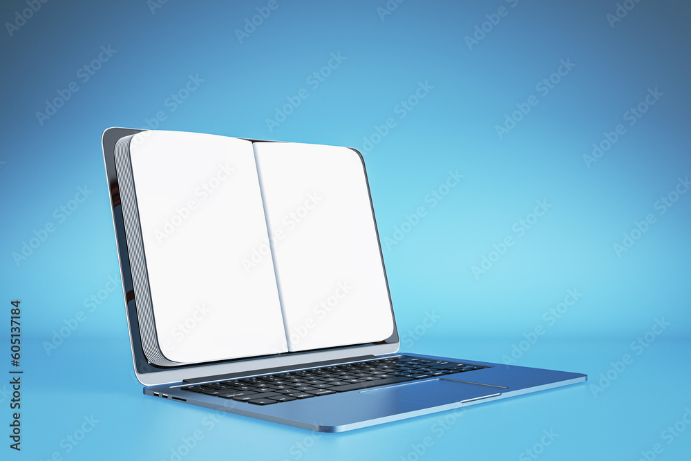 Aufkleber E-learning, e-library and education concept with perspective view on blank white notebook pages for advertising and marketing text on modern laptop screen on blue background. 3D rendering, mockup