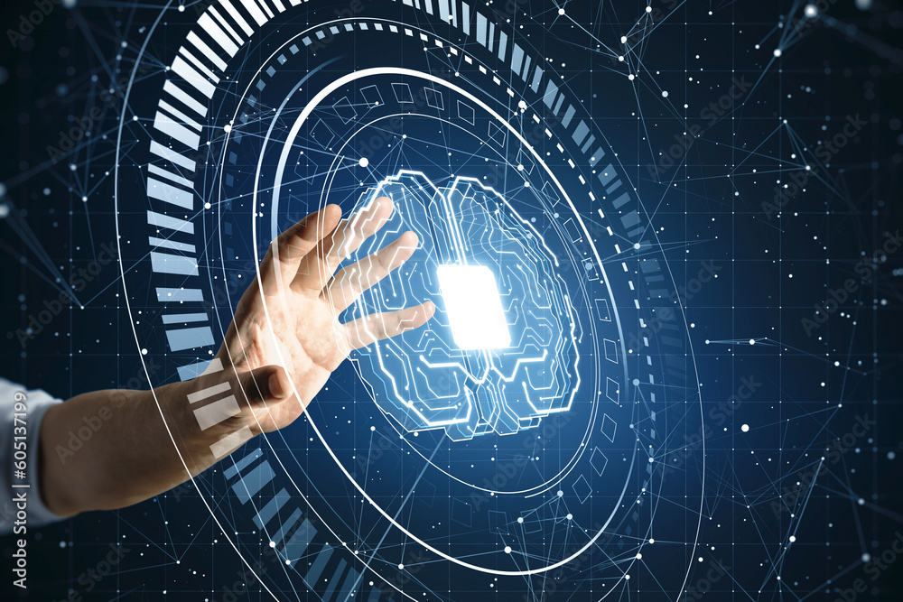 Poster Cyber technology, artificial intelligence and machine learning concept with man hand touching digital screen with microcircuit with processor in form of human brain on abstract blue background