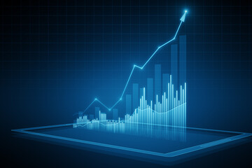Perspective view of modern growing financial graph with rising up arrow on dark blue background. Investing, trading and stock market concept. 3D Rendering
