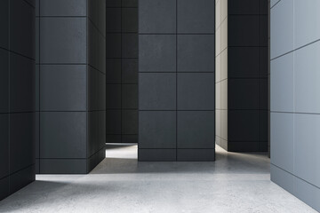 Front view on black huge pillar in abstract outdoor hall with sunlit concrete floor. 3D rendering