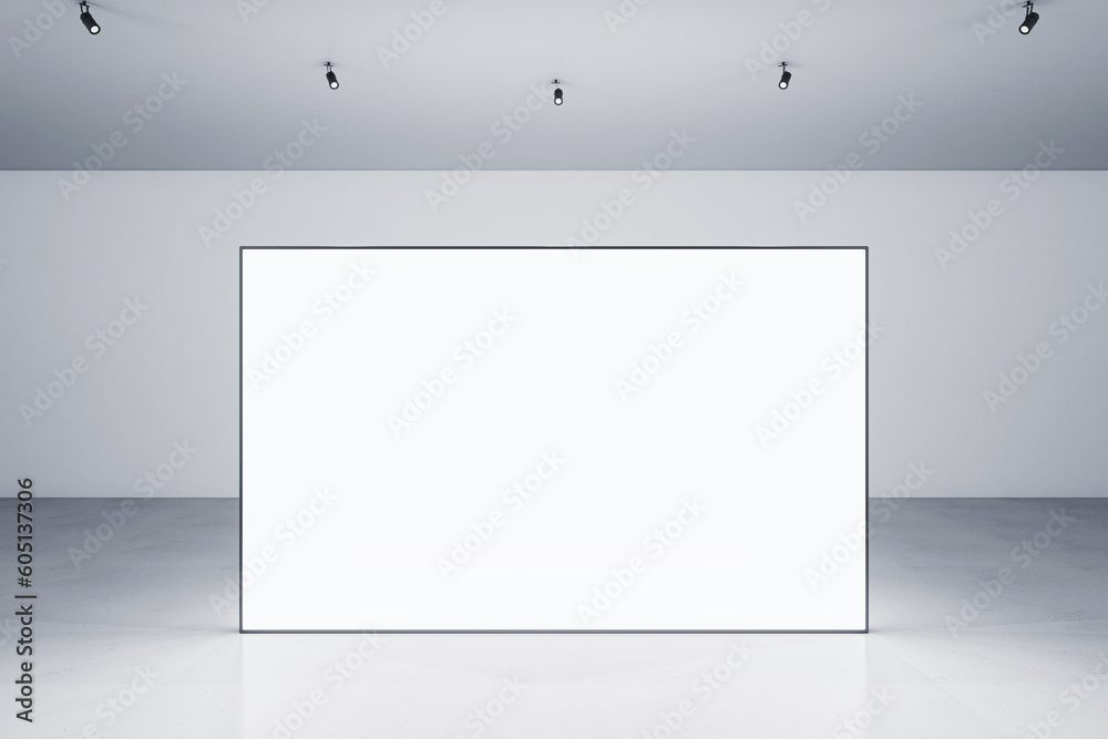 Poster front view of blank white glowing digital screen in grey hall interior with concrete floor and light