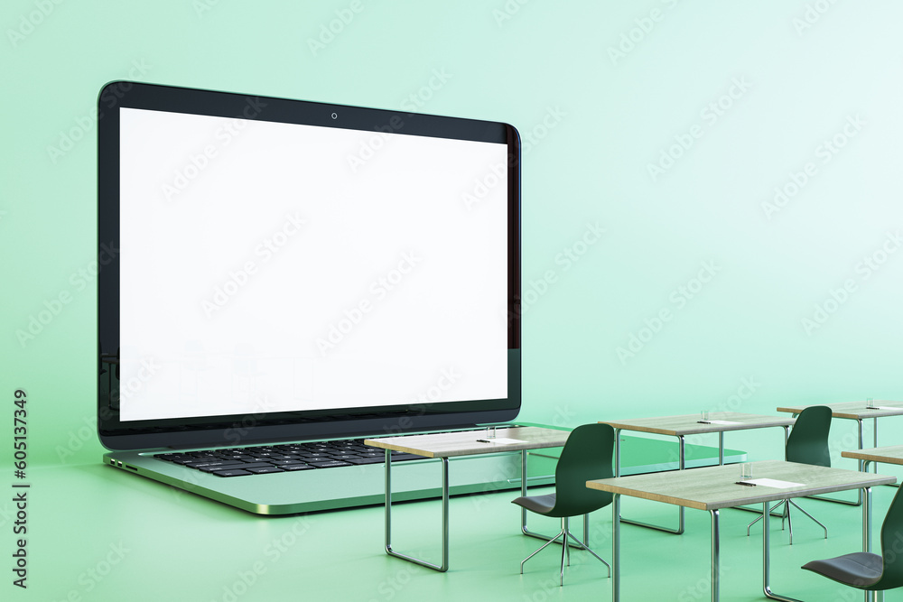 Canvas Prints creative classroom with empty white laptop chalkboard on green background. online education and webi