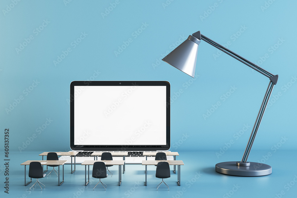 Poster modern classroom with empty white laptop chalkboard on blue background with lamp. online education a
