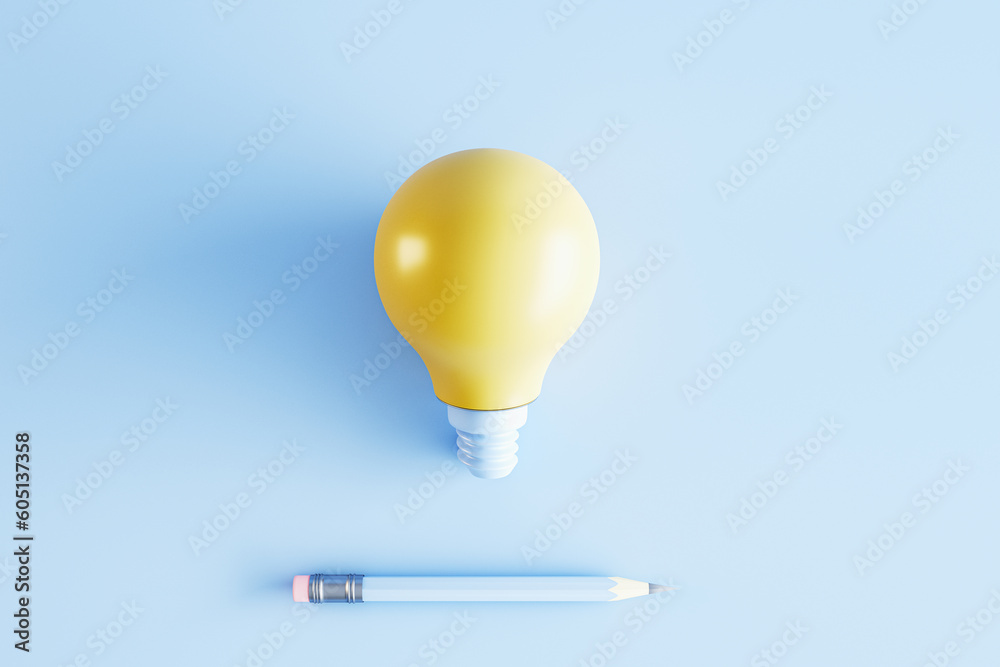 Poster creative lamp and pencil on blue background. idea and innovation concept. 3d rendering.