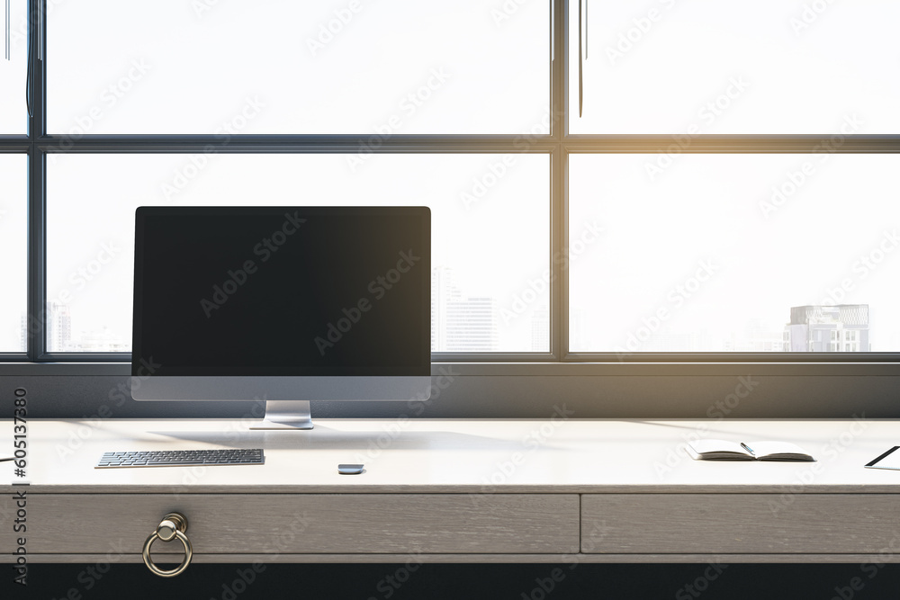 Poster office interior with panoramic windows and city view, blinds, empty mock up computer screen, furnitu